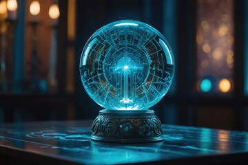Divination Illumination Crystal Ball in Neon Light, Symbolizing Predictions