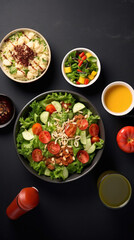 Healthy take away food and drinks, Fresh salad, soup, poke bowl, fruits, coffee and juice. top view.