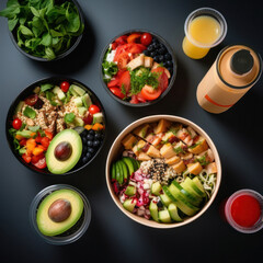 Healthy take away food and drinks, Fresh salad, soup, poke bowl, fruits, coffee and juice. top view.