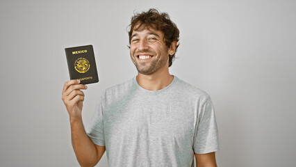 Happy young hispanic man, confidence radiating, casually showing off his mexico passport, smiling...