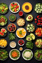 Healthy take away food and drinks, Fresh salad, soup, poke bowl, fruits, coffee and juice. top view.