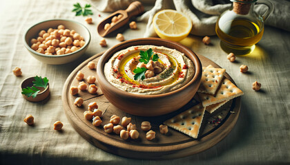 A bowl of creamy hummus with olive oil and pita chips