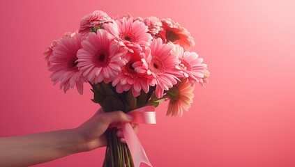 hand holding a bouquet of pink flowers in front of a pink wall, valentines day, mothers day, gift for lovers