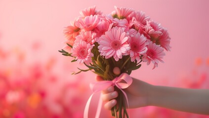 hand holding a bouquet of pink flowers in front of a pink wall, valentines day, mothers day, gift for lovers