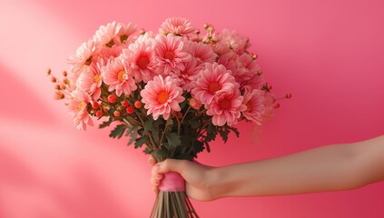 hand holding a bouquet of pink flowers in front of a pink wall, valentines day, mothers day, gift for lovers