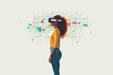 Flat vector design of hipster woman wearing VR reality mirror playing video game with virtual reality headset. modern character design Minimal trendy design, solid color, vector graphics