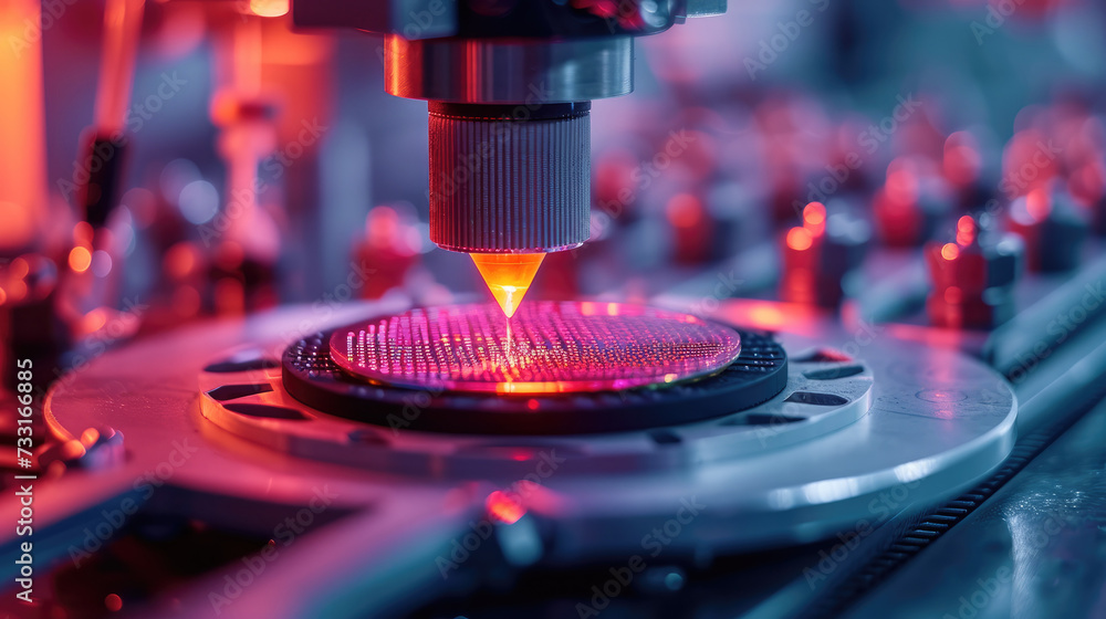 Poster close-up of silicon die are being extracted from semiconductor wafer and attached to substrate by pi