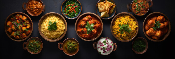 Indian food in bowls on dark table. top view.