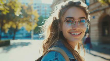 Cool hipster student woman wearing eyewear glasses . Caucasian female university student looking at camera smiling happy.