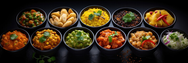 Indian food in bowls on dark table. top view. - obrazy, fototapety, plakaty