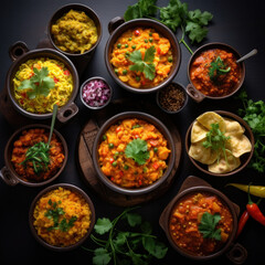 Fototapeta na wymiar Indian food in bowls on dark table. top view.