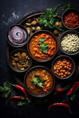 Indian food in bowls on dark table. top view.