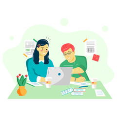 Vector image of students sitting at a laptop in online training