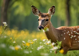 Gordijnen Roe deer, Capreolus capreolus. Beautiful blooming meadow with many white and yellow flowers and animal © Putri182