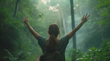 Fototapeta na wymiar Enjoying the nature. Young woman arms raised enjoying the fresh air in green forest.