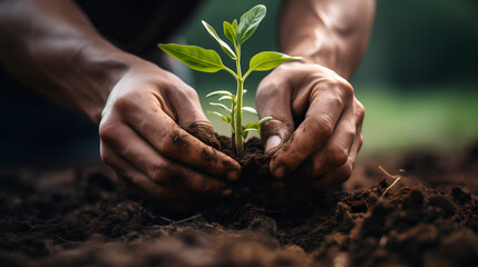 Farmer's hands planting sprout, symbolizing crop production