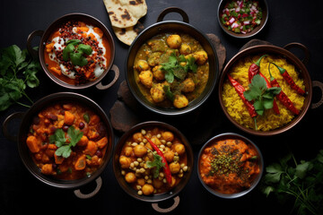 Indian food in bowls on dark table. top view.