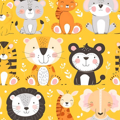 Cute safari animals cartoon seamless pattern background for kids.