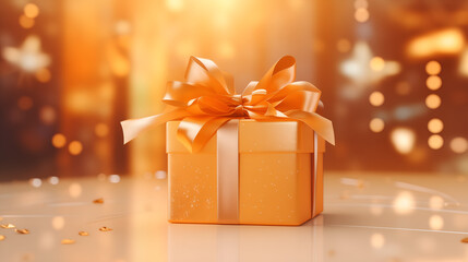 Holiday gift in golden fancy box decorated with big beautiful bow and bright ribbon with festive atmosphere