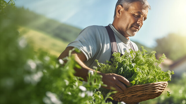 Male farmer carrying basket of fresh herbs, organic farming concept