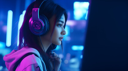 Focused female gamer with headphones and controller immersed in vibrant, neon-lit gaming environment