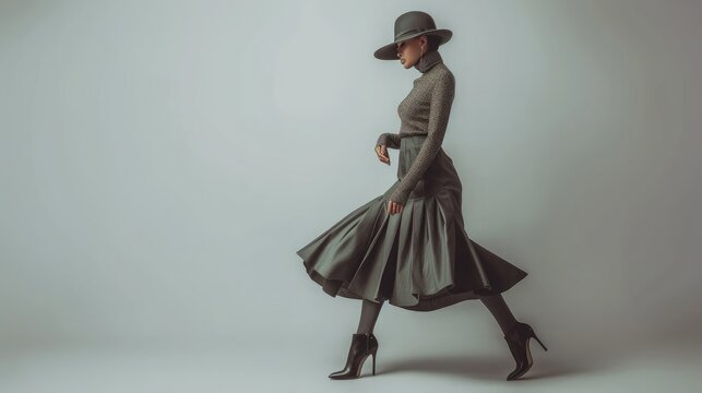 Fashionable woman in a hat, dress and long grey sweater, accessories, high heels, posing in studio. Fashion autumn photo