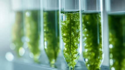 Green algae in a test tube in a laboratory, biology, science, genetically modified plants Green algae in the water structure of the reproduction of organisms - obrazy, fototapety, plakaty