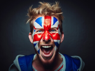 Euphoric National British Team Horned Fan with painted country flag colors face excited Roaring Supporting songs their favorite team straight at the camera.Active sport fans movement and human emotion