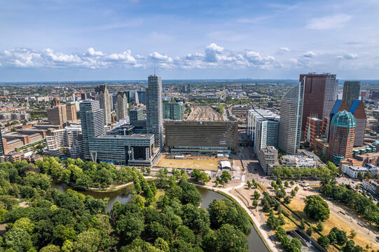 The drone aerial view of Hague City Skyline with urban skycrapers. The Hague (Den Haag) is a city and municipality of the Netherlands.