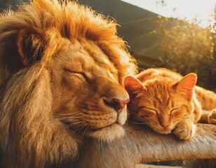 仲良く寝てる茶トラ猫とライオン