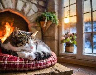 暖をとる猫 暖炉