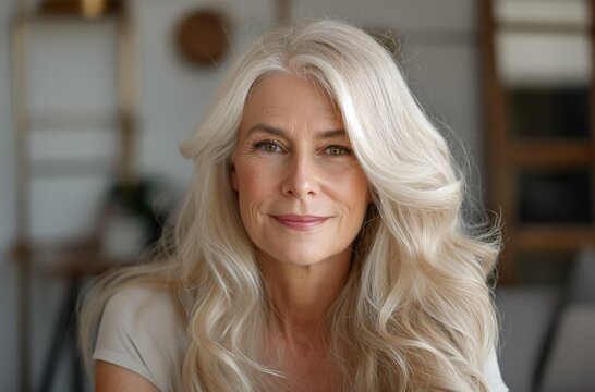 Close-up portrait of a senior woman with long white hair, neutral makeup, and a subtle smile, posing against a grey background