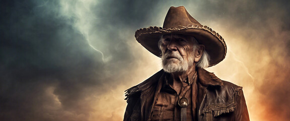 Old cowboy. Elderly man wearing a cowboy hat. Heroic image of a man. Empty space for text. AI generated - obrazy, fototapety, plakaty