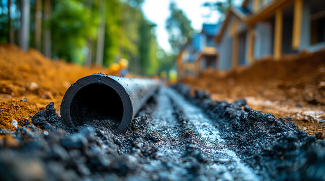 A vividly focused image capturing a cut section of a large drainage pipe lying on a newly constructed road base, with soft-focused background of a residential development area
