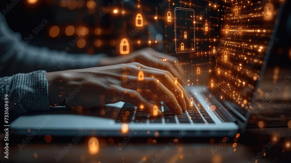 Poster close-up of hand typing on a laptop with padlock icons hologram, padlock icon hologram around laptop