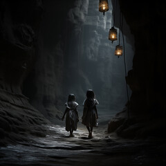 Boy and Girl go hiking on a forest road black and white tone children in the gorge in the rocks between the mountains in the dark and on a gloomy road walking in the darkness journey adventure danger