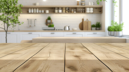 Fototapeta na wymiar This picture shows a kitchen interior above a wooden counter, blurred interior of a wooden house, a white empty room. Modern dining table background kitchen worktop display table surface design