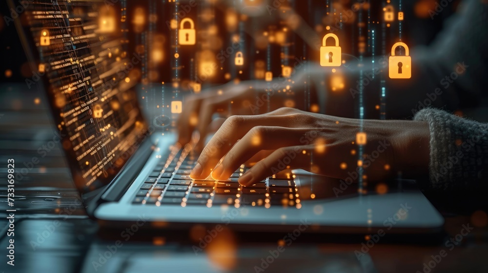 Poster close-up of hand typing on a laptop with padlock icons hologram, padlock icon hologram around laptop