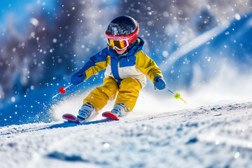 Little skier in helmet and goggles skiing downhill in high mountains.
