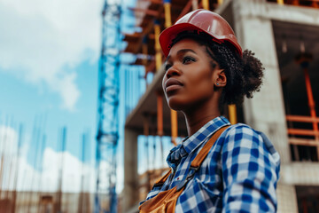 Fototapeta na wymiar African american woman builder in hardhat and overalls at construction site 