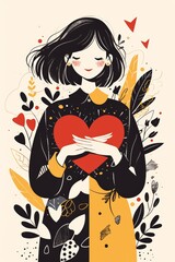 modern doodle style illustration woman with heart in hands