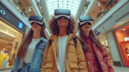 Friends trying out VR experiences in a mall, their animated reactions catching the attention of passersby - obrazy, fototapety, plakaty
