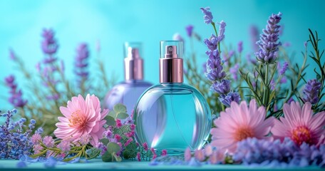Obraz na płótnie Canvas perfume bottles in colorful floral arrangement