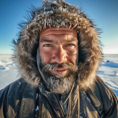 A happy man traveler in the arctic. Ice and snow on eyelashes, face and clothes. Cold polar climate. Extreme travel and expeditions to the Arctic.