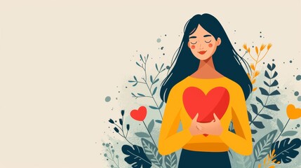 modern flat illustration woman with heart in hands