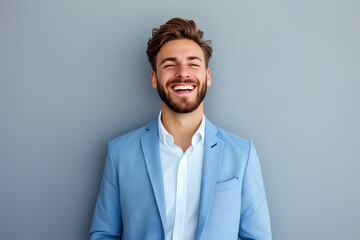 Portrait of Handsome smiling man in suit isolated on light background - obrazy, fototapety, plakaty