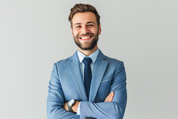 Portrait of Handsome smiling man in suit isolated on light background