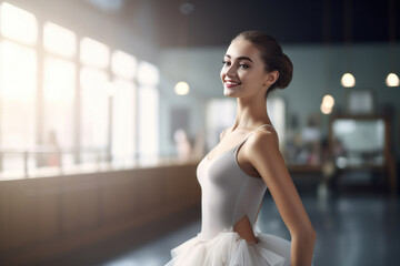 A happy young ballerina in studio. happy young ballerina exercising in the barre. Pretty ballet...