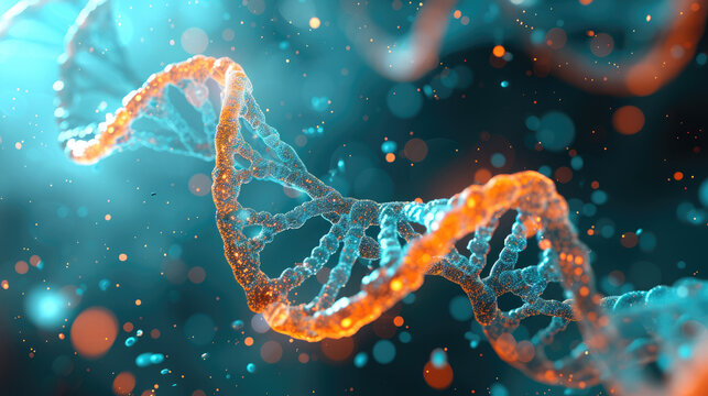 DNA, molecular abstract design in turquoise and orange colors. Generative AI.