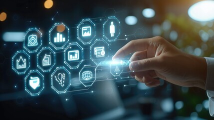 Focus smart white lines and marketing icons inside each in front, an index finger is touching a hexagon, background light blue color, lead management process. Generative AI.